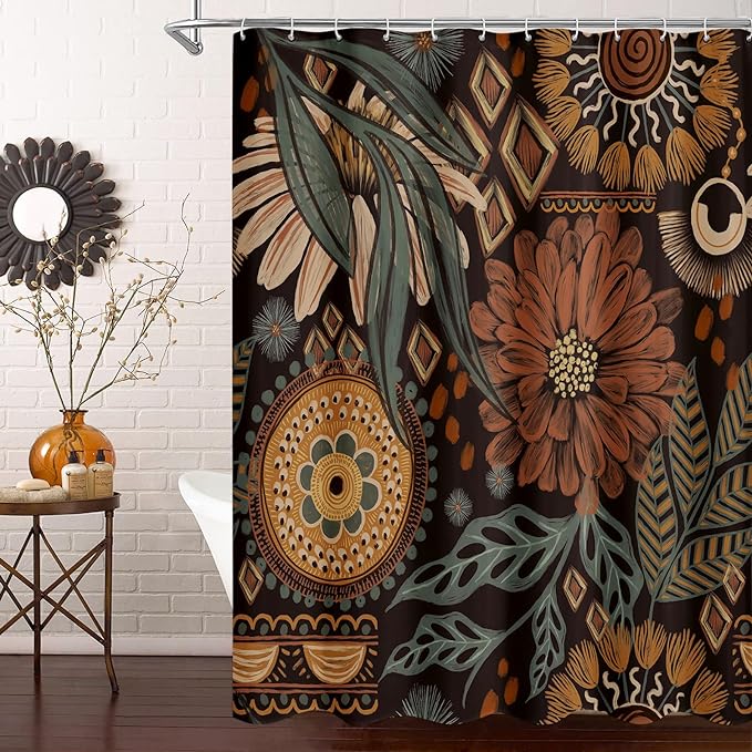 MitoVilla Long Boho Shower Curtain Set 72 x 78, Floral Rustic Shower Curtains 78 inch Long for Vintage Bathroom Decor, Bohemia Fabric Bathroom Shower Curtain with Tropical Leaves