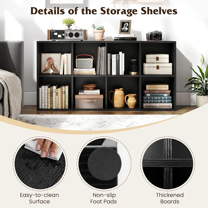 Tangkula 8-Cube Bookcase, Large Floor Standing Horizontal Bookshelf with 8 Open Shelves & 2 Anti-Tipping Kits, Home Office Wooden Storage Book Shelf for Living Room, Study (Black, 8-Cube)