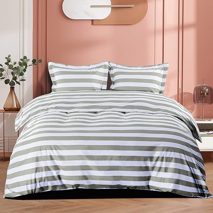 NTBAY 2 Pieces 100% Brushed Microfiber Striped Duvet Cover Set for Kids, Super Soft Smoke Grey and White Reversible Design Zipper Comforter Cover with Ties and Pillow Sham (Twin/Twin XL, Stripe)