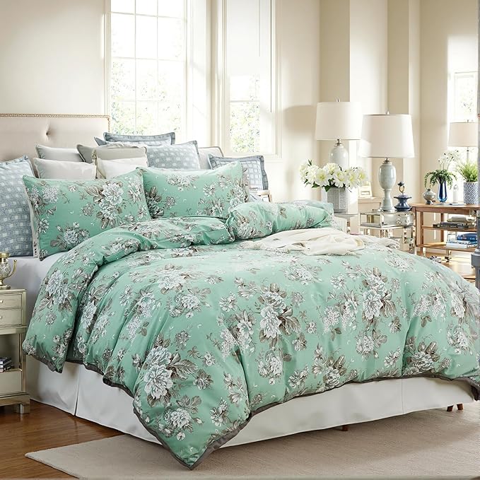 Floral Duvet Cover Queen Size Soft 100% Nature Cotton Vintage Style Green Bedding Set with Zipper Closure 3 Pcs Cottagecore Botanical Duvet Cover, Ultra Soft, Breathable