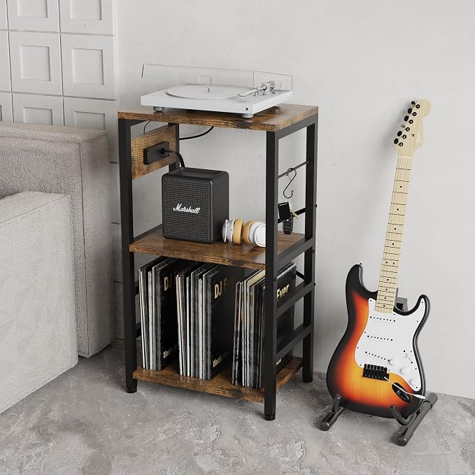 YAKANJ End Table with LED Light,Record Player Stand with Charging Station,Vinyl Records Storage,Turntable Stand Albums Storage for Music Room Studio-Modern Brown