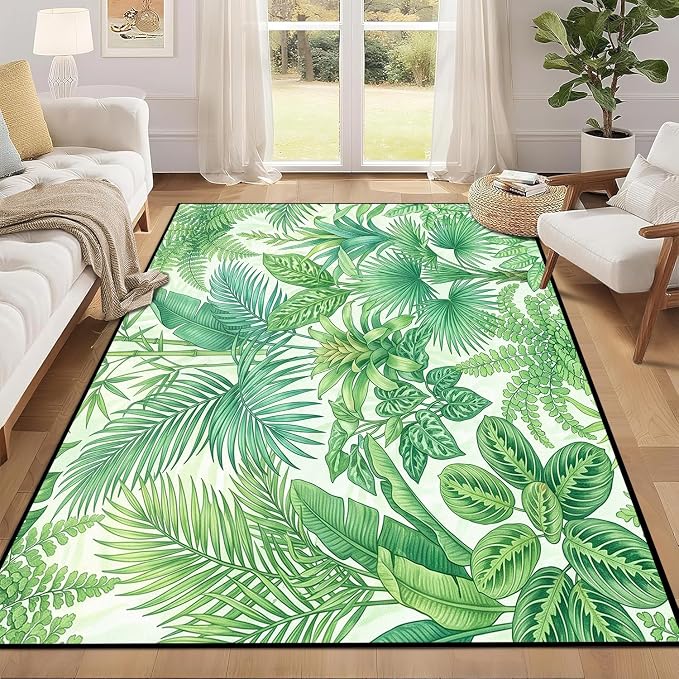 Tropical Leaves Area Rug 3'x5' Green Botanical Palm Fern Leaf Rug Non Slip Washable Indoor Floor Mat for Entryway Bedroom Living Room Nursery Kitchen Playroom Home Decor