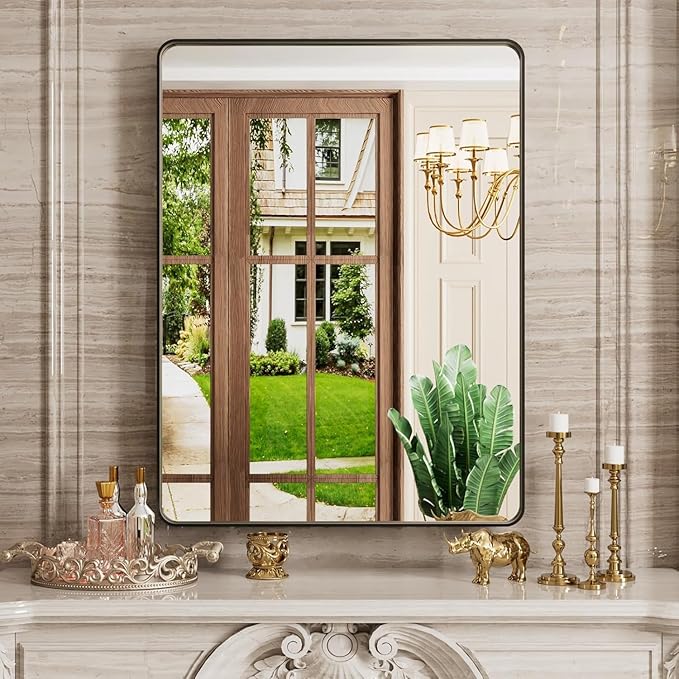Bathroom Mirror, 24 x 32 Inch Wall Mounted Mirror, Black Metal Frame Vanity Mirror with Tempered Glass for Farmhouse Bedroom, Entryway, Living Room