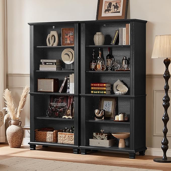 70" Tall Black Bookshelf,5 Tier Wooden Book Shelf with Adjustable Shelves & Wood Legs,Free Standing Farmhouse Bookcase with Open Display Storage,Vintage Bookshelves for Living Room, 2PCS