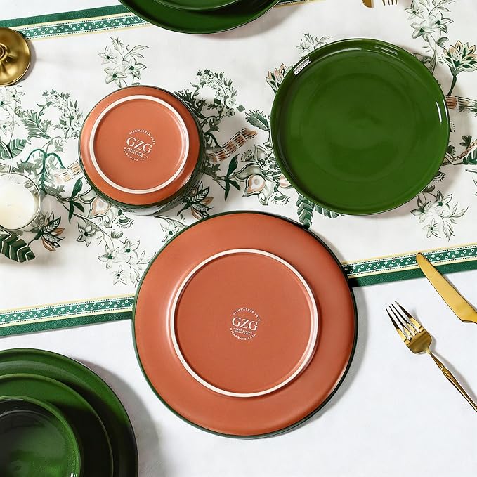 GZG Modern Art Series - 6 Pcs Speckled Stoneware Plates and Bowls Sets, Ceramic Dinnerware Set with Rustic Terracotta Underside, Microwave and Dishwasher Safe Handcrafted Dishes Set - Verdant Green