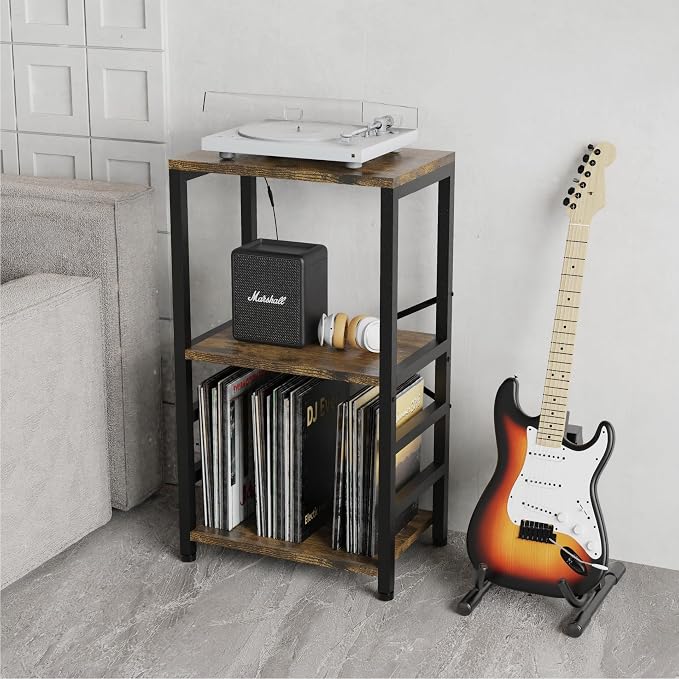 YAKANJ End Table with LED Light,Record Player Stand with Albums Storage,Vinyl Records Storage,Turntable Stand Side Table for Music Room Studio Living Room Bedroom-Retro