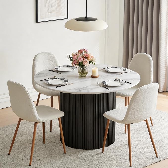 Dining Table Set for 4, Mid Century Modern 47 Inch White Marble-Look Wooden Round Dining Table Set, Space Saving (Table + 4 White Chairs)