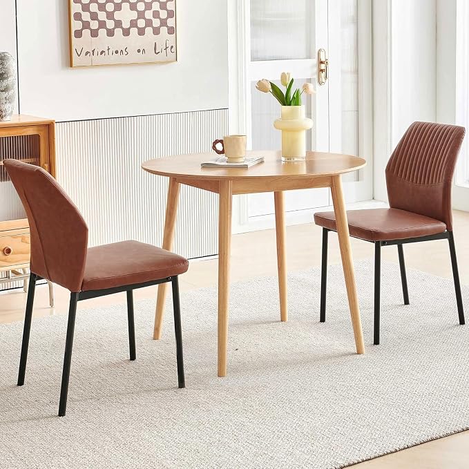 3-Piece Dining Table Set, Round Breakfast Dinner Table with Solid Wood Veneer Tabletop, Compact Table & Chairs, Brown