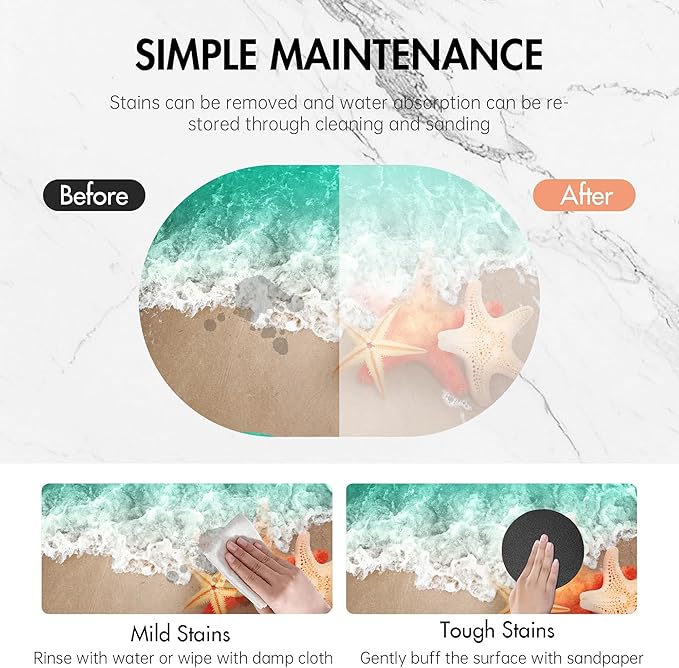 Summer Beach Oval Bath Mat Starfish and Seashell Diatomaceous Mud Mats with Rubber Backing Ultra Soft Washable 23.6"×15.7" Quick Dry Thin Bath Rugs for Bathroom Floor Bathtub Vanity Easy Care