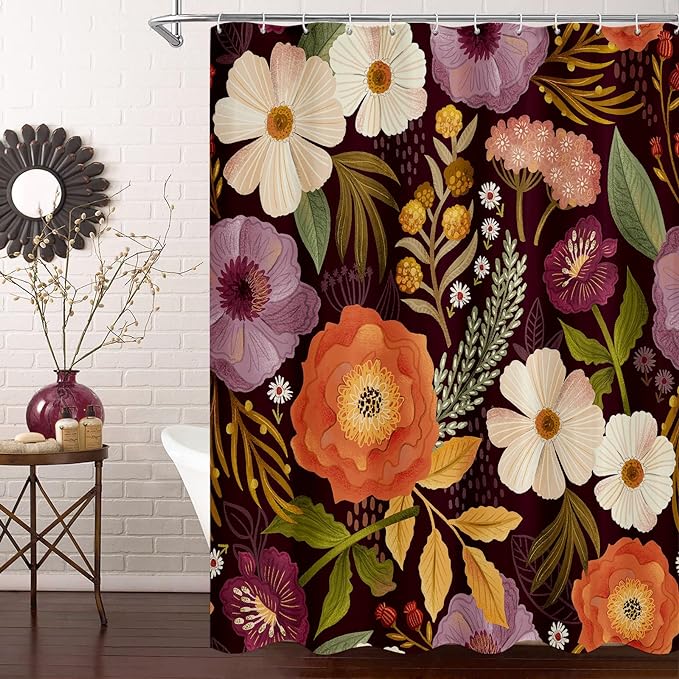 MitoVilla Extra Long Boho Floral Shower Curtain 72 x 84, Vintage Colorful Abstract Leaves Shower Curtain, XL Rustic Flower Shower Curtains for Luxury Bathroom Decor