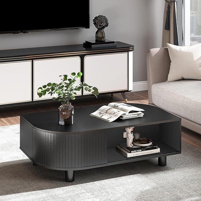 Modern 39.4" Coffee Table with Storage- Leaf-Shaped Wood Center Table with Storage, Retro Fluted Central Table with Sliding Door for Living Room, Office, Black