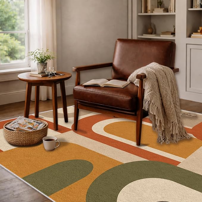 Mid Century Arch Area Rug 6x8, Terracotta Geometric Abstract Rug, Retro Modern Color Block Washable Low Pile Non Slip Rug for Living Room Bedroom