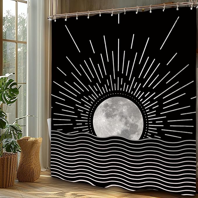 Miyotaa Black Abstract Moon Sun Minimalist Shower Curtain Set 60Wx71H Inches Sunrise Sunset Vintage Aesthetic Retro Modern Mid Century Polyester Waterproof Bathroom Curtain with 12 Hooks