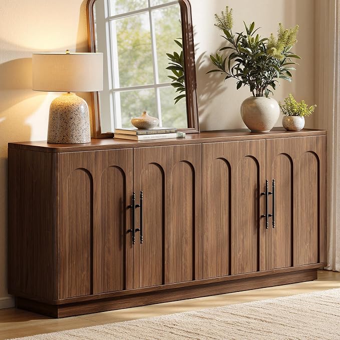 Evermagin 67" Arched Walnut Buffet Cabinet with Storage, Large Credenza with 4 Doors, Wood Mid Century Modern Sideboard for Kitchen and Living Room (67"*31.5"*15.7")