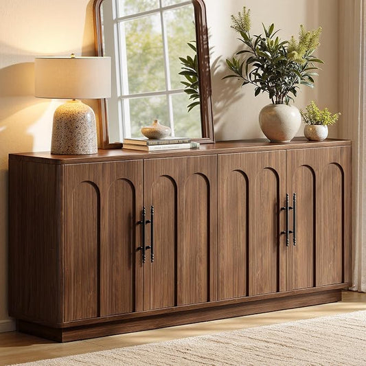 Evermagin 67" Arched Walnut Buffet Cabinet with Storage, Large Credenza with 4 Doors, Wood Mid Century Modern Sideboard for Kitchen and Living Room (67"*31.5"*15.7")