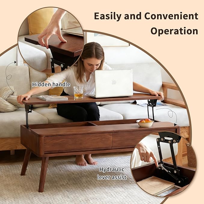 Solid Wood Coffee Table with Drawers, Natural Wooden Center Table for Living Room, Easy-to-Assemble Low Desk, 39.4" W × 20.5" D × 17.72" H for Home Office (39.37" Solid Wood Coffee Table)