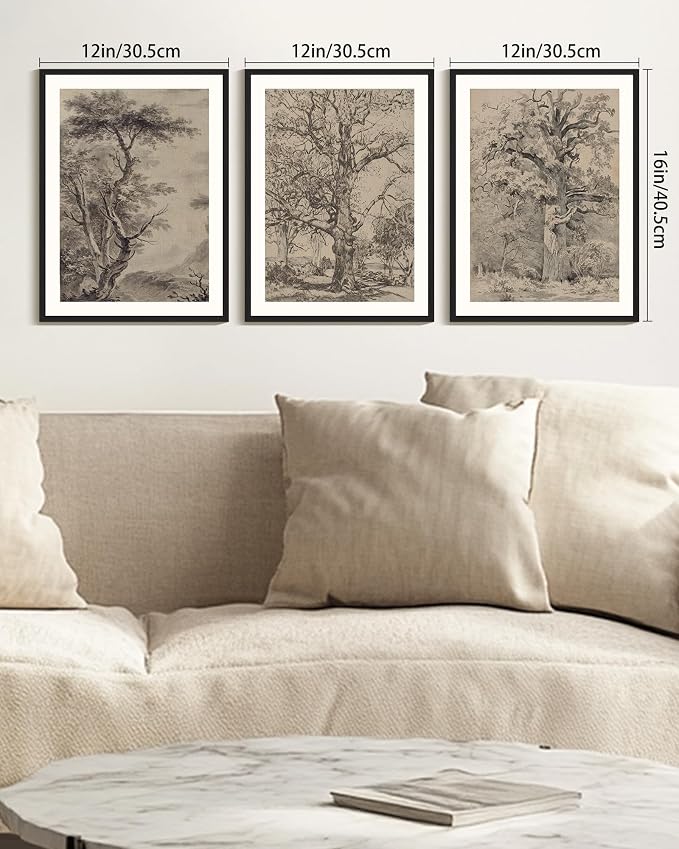 KUVIOKE Vintage Tree Framed Wall Art Retro Antique Forest Drawings Nature Wilderness Sketch Wall Painting Modern Decor 12x16in (Black Framed)