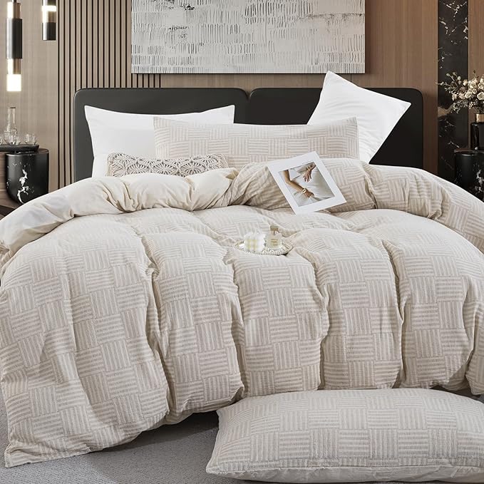 Beige Checkered Cotton Linen Duvet Cover King Size, Soft Breathable Bedding Set for Night Sweats -1 Textured Duvet Cover 104x90 Inches with Zipper Closure, 2 Pillowcases