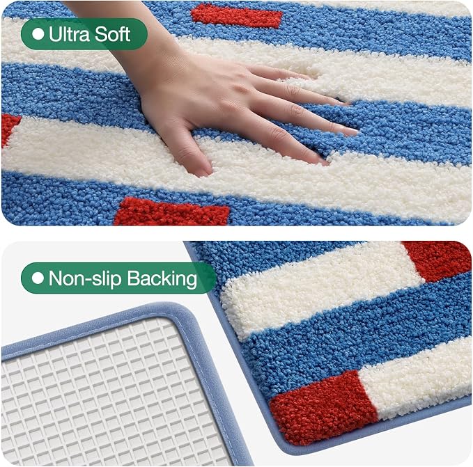 LUMI Bathroom Rugs with Blue White Stripe, Soft Absorbent Bath Mat for Modern Home Decor, Non-Slip Quick-Dry Bath Rug, Machine Washable Floor Mat for Shower and Tub, Entryway, 20"x32"