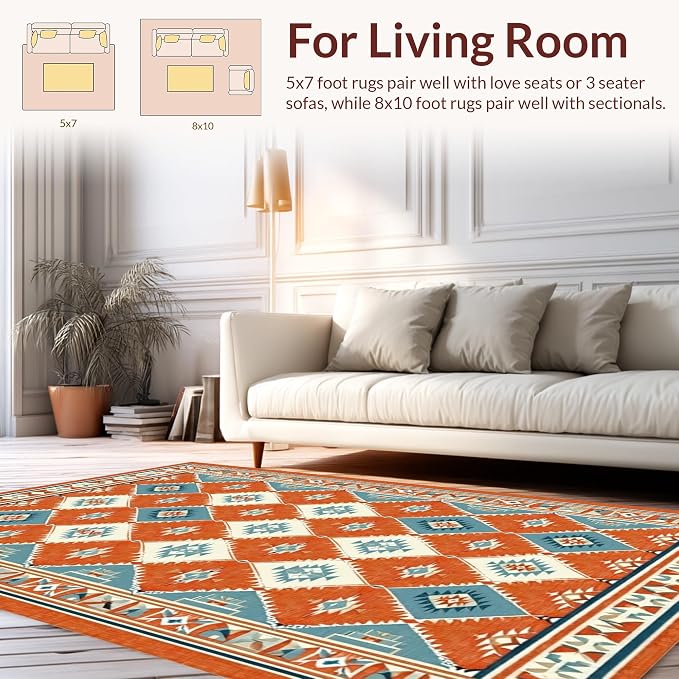 Flatwoven High Traffic Area Rug 8x10, Timeless Southwestern for Eclectic, Non Slip, Stain Resistant, Washable Area Rugs for Living Room, Bedroom (Orange, 8x10)