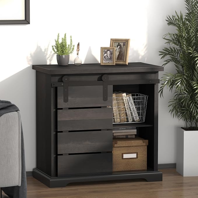 NSdirect Sideboard Coffee Bar Cabinet,Modern Farmhouse Buffet Station Sliding Barn Door Storage Credenza Console with Slat and Shelf Entryway Storage Cabinet Kitchen Dining Living Room, Brown
