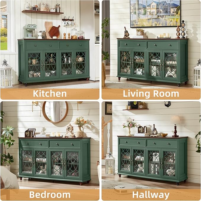 Farmhouse Sideboard Buffet Cabinet Set of 2 with Storage,59" Large Credenza with 4 Glass Door & 2 Drawers,Adjustable Shelves Console Table,Wood Kitchen Coffee Bar for Dining Room,Green