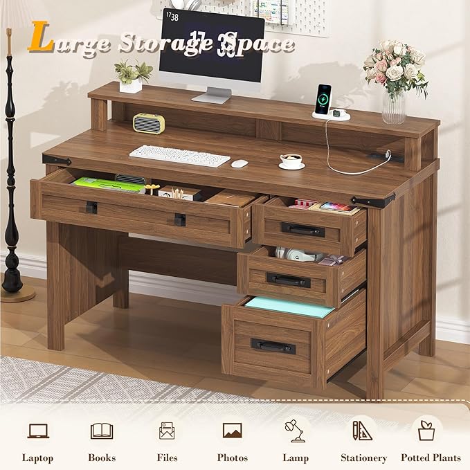 YOMILUVE Farmhouse Executive Desk with Drawers, 47" Computer Desk with Power Outlets, Home Office Desk with Monitor Stand & 4 Drawers, Small Desk Writing Study Table, Brown
