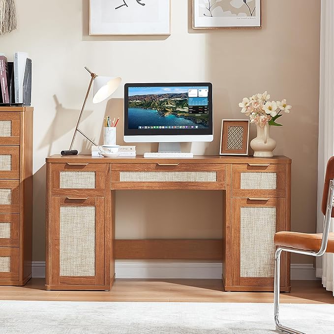 LEYAOYAO 56'' Rattan Farmhouse Executive Desk with Drawers, Wood Home Office Desk with File Cabinet and Metal Handles, Large Vintage Computer Desk for Home, Bedroom, Living Room （Brown）