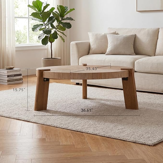 36.6" Round Coffee Table – Rustic Solid Wood & MDF Coffee Tables, Herringbone Design, Mid Century Modern Center Table with Tapered Legs, Natural Distressed Finish for Living Room, Natural Wood