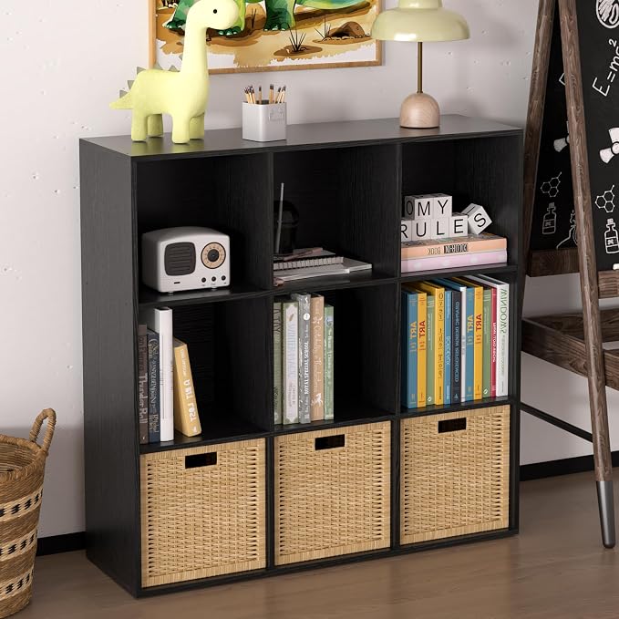 Wooden 9 Cube Storage Organizer with Closed Back Panel,Black Cube Shelf Cubby Storage Organizers with Compartments for Living,Bookshelf,Organizers Easy to Install (Black, 9 Cube)
