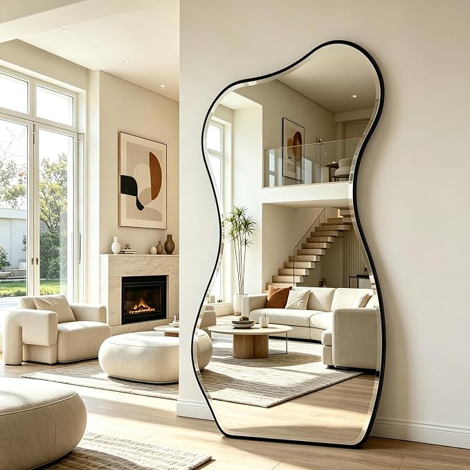POZINO Irregular Full Length Mirror, 66.8"x33.5" Large Asymmetrical Beveled Mirror with Black Metal Frame, Organic Floor Mirrors for Entryway Hallway Cloakroom Living Room, Leaning/Wall-Mount