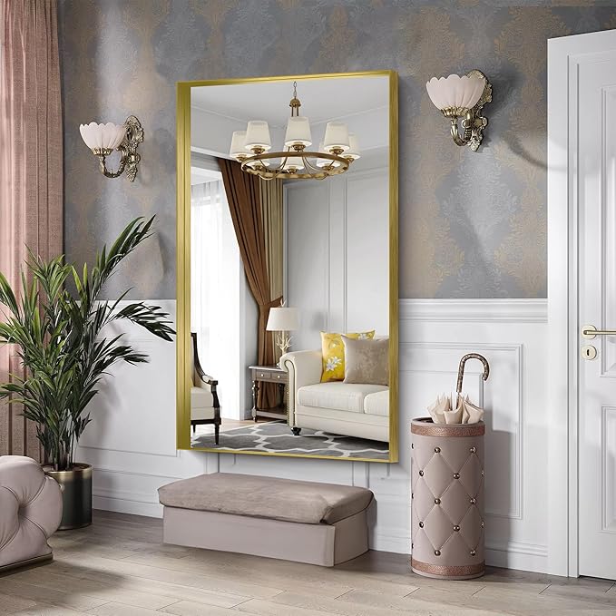 CIRCUMI Gold Bathroom Mirror, 36"x60" Rectangular Mirror with Deep Metal Frame, Brushed Finish, Tempered Glass, Large Mirror for Wall, Over 2 Sinks, Installed Vertically/Horizontally, Crystal-Clear