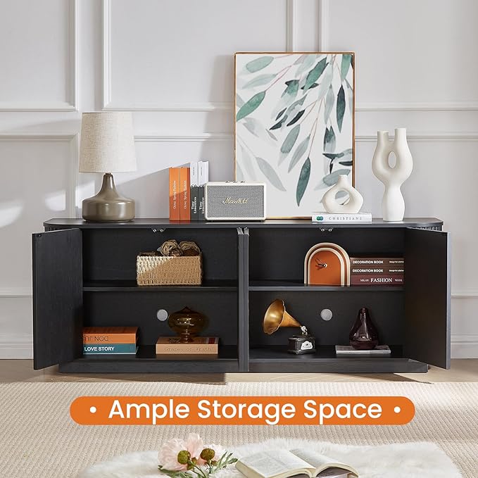 LKTART 64" Sideboard Buffet Cabinet with Storage, Wooden Fluted Storage Cabinet Sideboard Credenza with Adjustable Shelves Pressed Spring for Kitchen Living Room (Black)