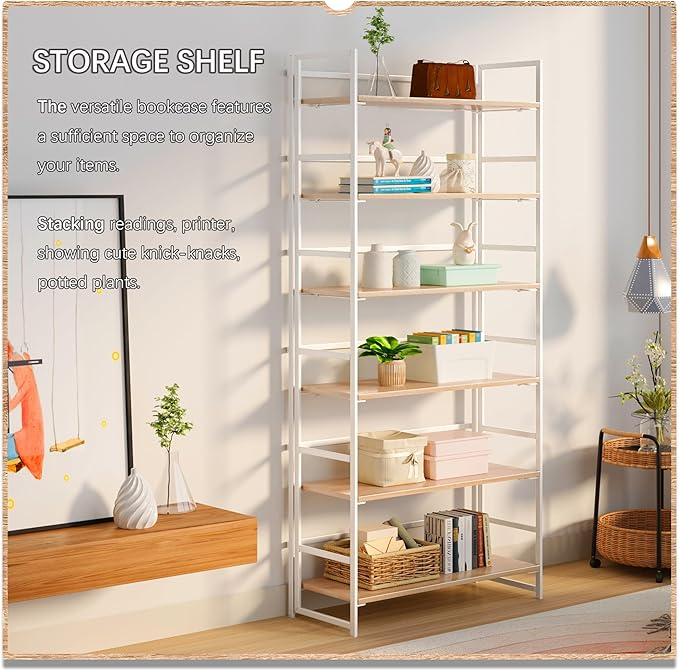 4NM No Assembly 6 Tiers Collapsible Book Shelves, 61.8" H Folding Bookshelf Bookcase Open Industrial Foldable Shelves for Bedroom, Living Room, Home Office - Natural White