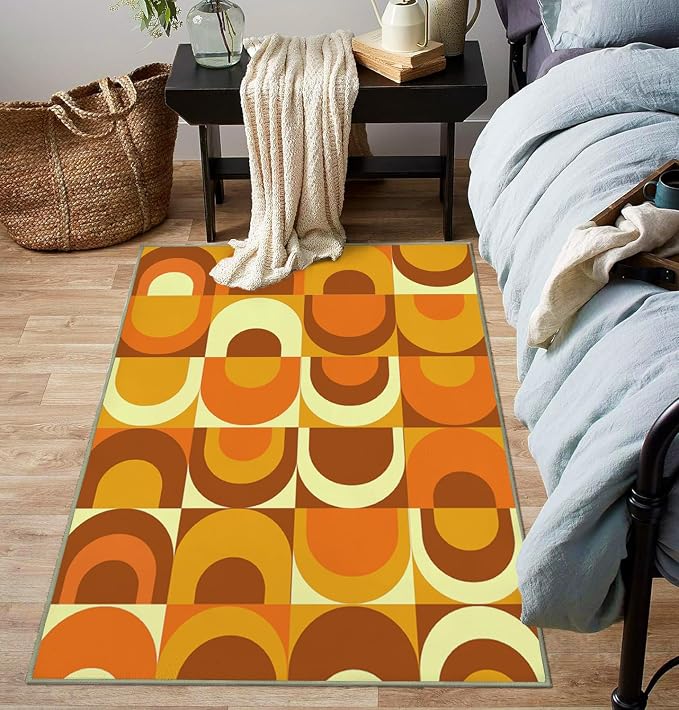 Ansouyi Orange and Yellow Non-Slip 5x7 ft Area Rugs, Washable Rug Carpet for Living Room, 70s Abstract Retro Circles Geometric Home Decor Rugs for Game Room Classroom Bedroom Dining Kindergarten Room
