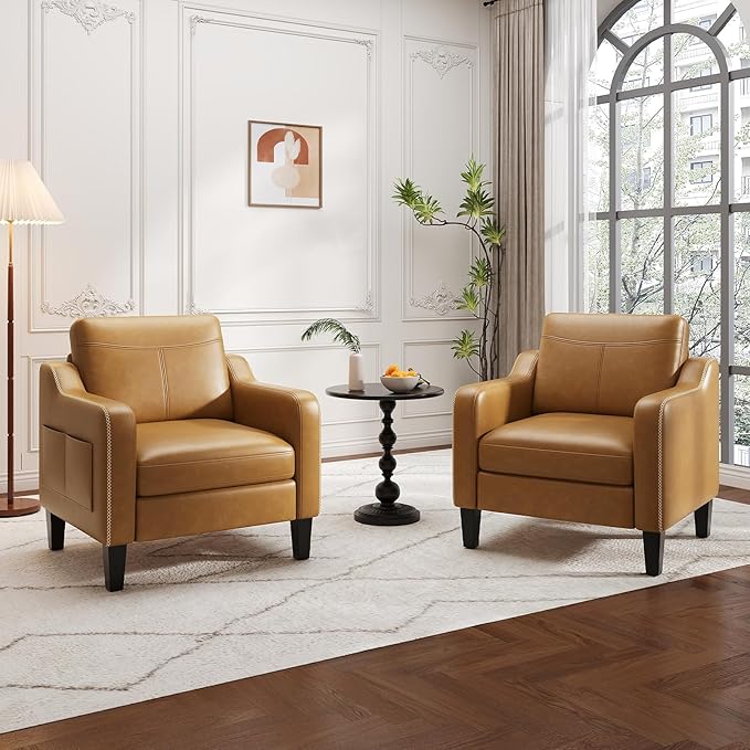 PU Leather Accent Chair Set of 2, Mid-Century Modern Living Room Armchair Sofa with Removable Cushions, Solid Wood Frame & Stitched Armrest Design, Bedroom Chair with Plastic Legs, Brown