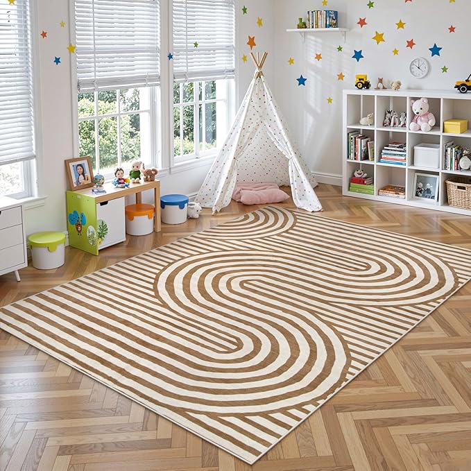 Lahome Abstract Area Rugs 5x7,Soft Living Room Rug Nursery Bedroom Rugs,Rainbow Colorful Playroom Rug Ultra-Thin Stain Resistance Throw Large Carpet for Kids Classroom Dorm Alba (5'X7',Khaki/Orange)