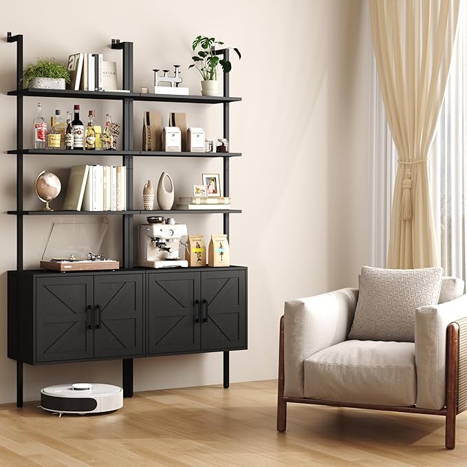 Yusong 73" Tall Bookshelf with Cabinet, Industrial Ladder Wall Mount Shelf Farmhouse Bookcase with Wood and Metal Frame, Plant Shelf Wall Storage Display for Living Room Bedroom, Farmhouse Black