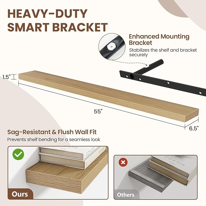 55 Inch Floating Shelves for Wall 1 Pack, 55" Wall Shelves for Books, Storage, Decor, Wall Mounted Floating Shelf with Invisible Brackets for Kitchen, Living Room, Oak