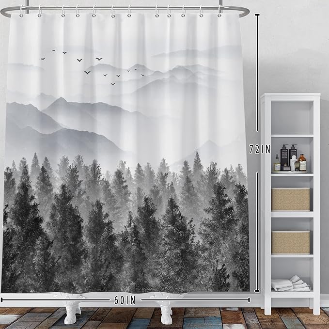 Baocicco Grey Forest Mountain Shower Curtain Watercolor Misty Forest Nature Tree Mountain Landscape Shower Curtains for Bathroom Waterproof Fabric Shower Curtain with Hooks 60x72 Inches