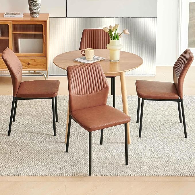 Small Dining Table Set for 4, Modern Round Dining Table with 4 PU Leather Dining Chairs in Metal Legs, Breakfast Nook for Compact Spaces, Brown