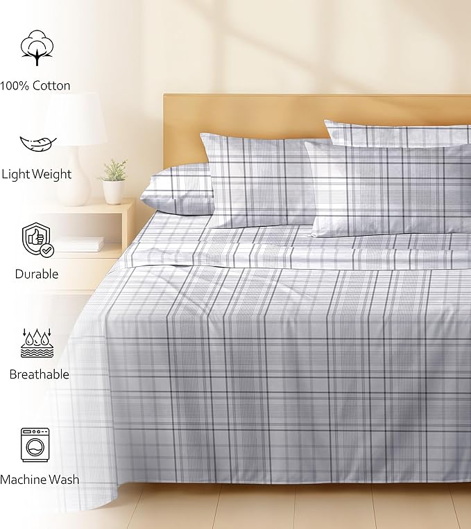 RUVANTI 100% Cotton Percale Sheets Full Size 6 Piece Set, Cooling Bed Sheets for Hot Sleepers, Deep Pocket 16”, Breathable Lightweight & Durable, Crisp Hotel Style Sheets, Open Check