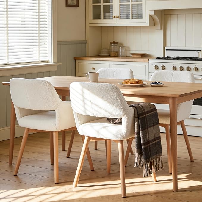 Mid Century Modern Dining Chairs Set of 4 & 2 & 6 Comfy Accent Chair Upholstered Kitchen Dining Living Room Chairs for Bedrooms Waiting Room Home Arm Desk Chair No Wheels (Wool White, 4)