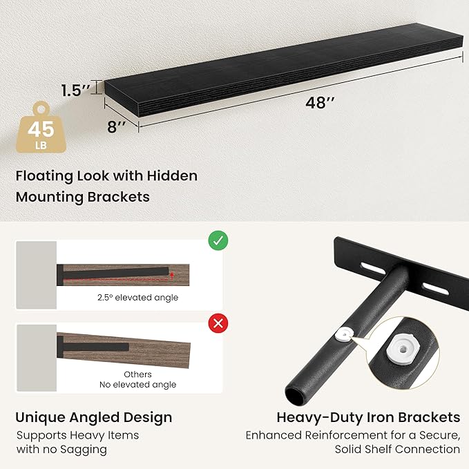 Fun Memories Floating Shelves for Wall, Rustic Wood Wall Mounted Shelves for Bathroom, Bedroom, Living Room & Kitchen, Storage Display Shelves, (Set of 2, Black, 48 in)