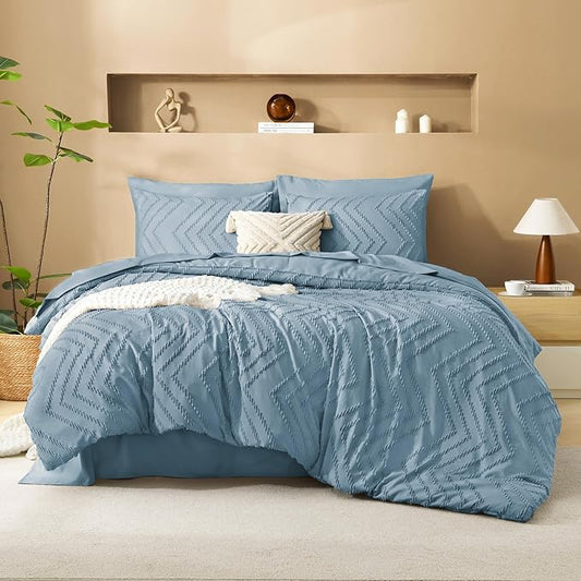 Litanika Grayish Blue Full Size Comforter Set with Sheets - 7 Pieces Bed in a Bag Full Chevron Tufted Complete Bedding Sets with Comforter, Sheets, Pillowcases & Shams
