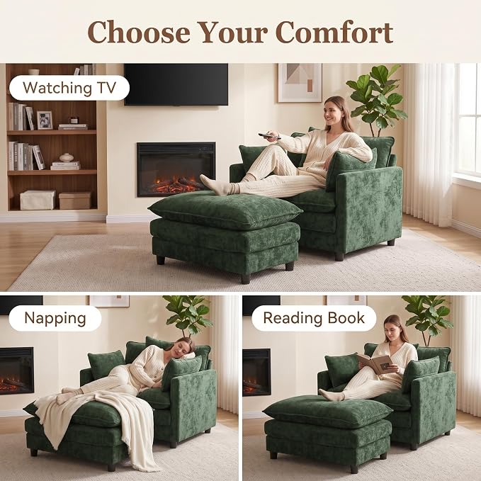 Oversized Accent Chair with Ottoman, Chenille Cloud Single Sofa Upholstered Double-Layer Seat Lounge Armchair with Pillows for Living Room Reading Apartment, Green