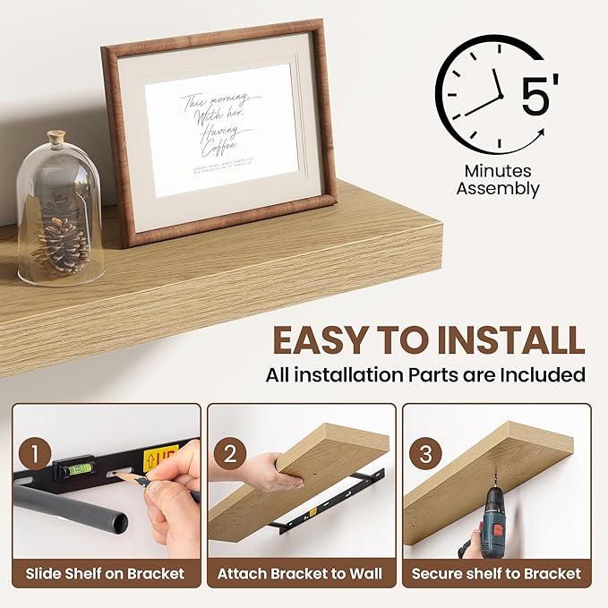 48 Inch Floating Shelves for Wall 1 Pack, 48" Wall Shelves for Books, Storage, Decor, Wall Mounted Floating Shelf with Invisible Brackets for Kitchen, Living Room, Oak