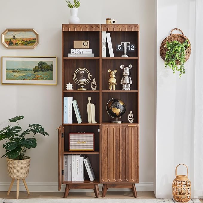 71" Tall Narrow Bathroom Storage Cabinet with Door, Small Fluted Cabinet with Adjustable Shelves & 3-Tier Open Shelf, Modern Freestanding Slim Organizer for Space Saving Living Room Kitchen (Walnut)