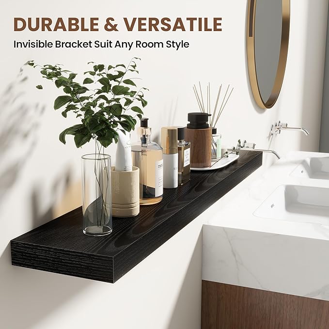 24 Inch Floating Shelves for Wall 2 Pack, 24" Wall Shelves for Books, Storage, Decor, Wall Mounted Floating Shelf with Invisible Brackets for Kitchen, Living Room, Black