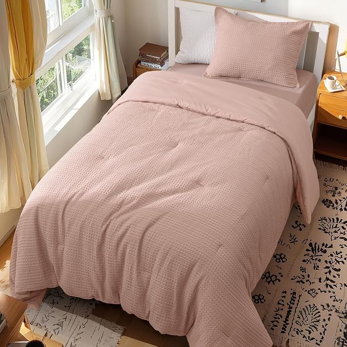 PHF Soft Waffle Comforter Set Twin Size- Comfy Breathable Waffle Weave Comforter with 1 Pillow Shams, 2 Pieces Less Snagging Lightweight Textured Bedding Set for All Season, Rose Pink